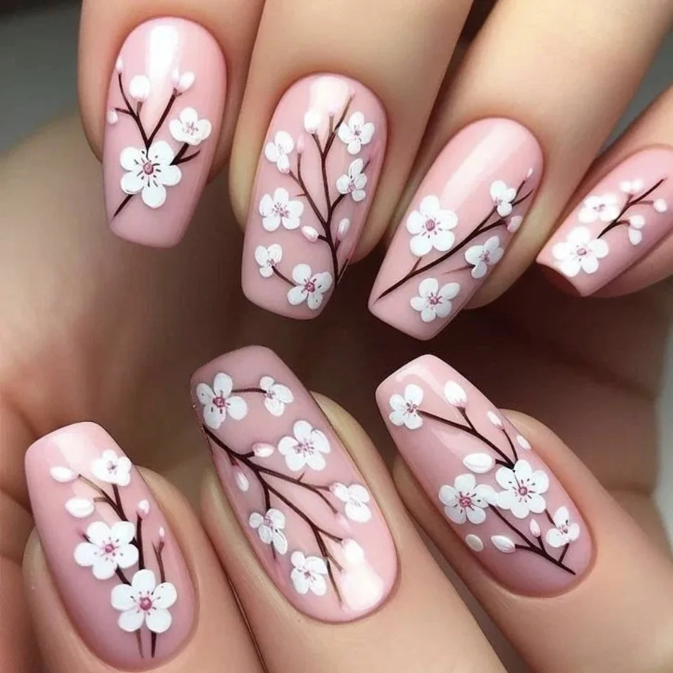 24pcs Mid-length  Flower Design Stick on Fake Nail
