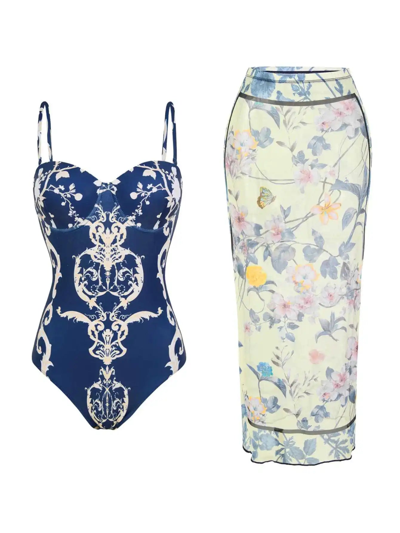 One-Shoulder Ruffled Print Floral Swimsuit Set Cover Up