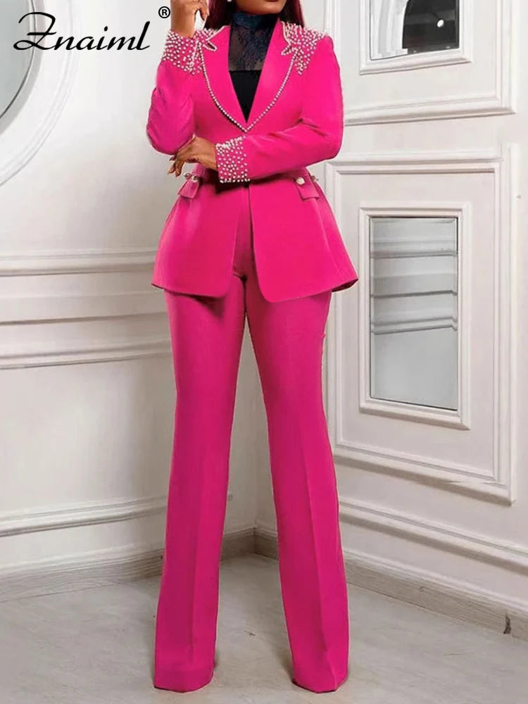 Pearls Blazer Coat and Straight Pants Matching Sets