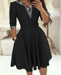 Autumn and Winter Elegant Waist Wrapped Mid Long Sleeve Solid V-Neck Fashion Dresses