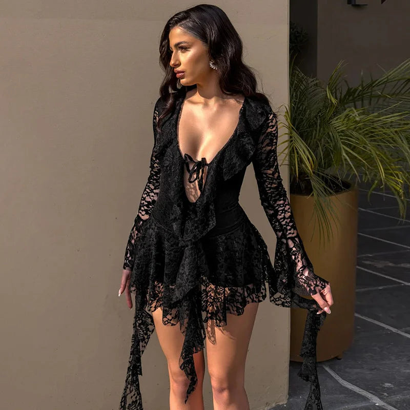 Sexy Deep V-neck Lace Dress
