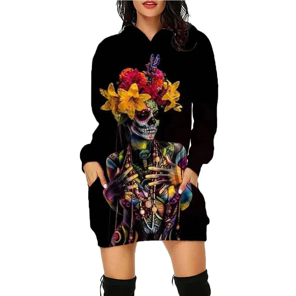 New 3D Print Skull Long sleeved Pullover Fashion Mid length Hoodie Dress