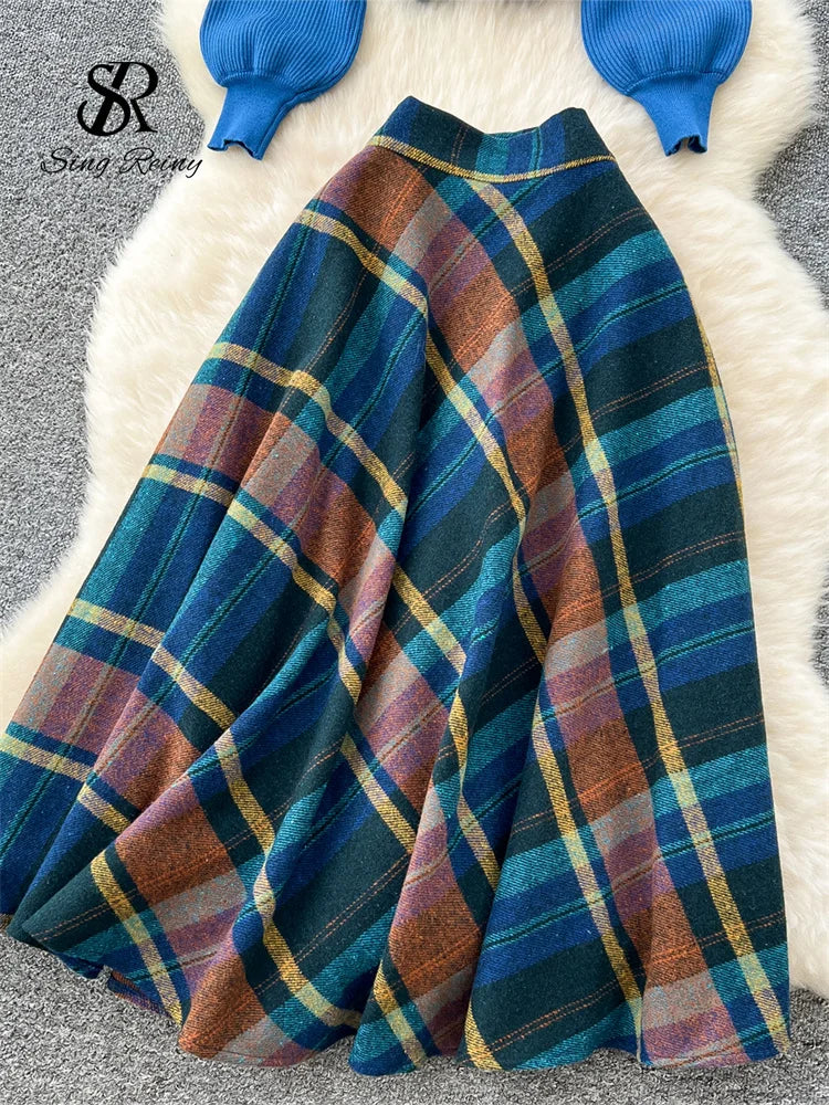 Fashion Spring Knitted Loose Pullovers+Plaid A Line Long Skirt