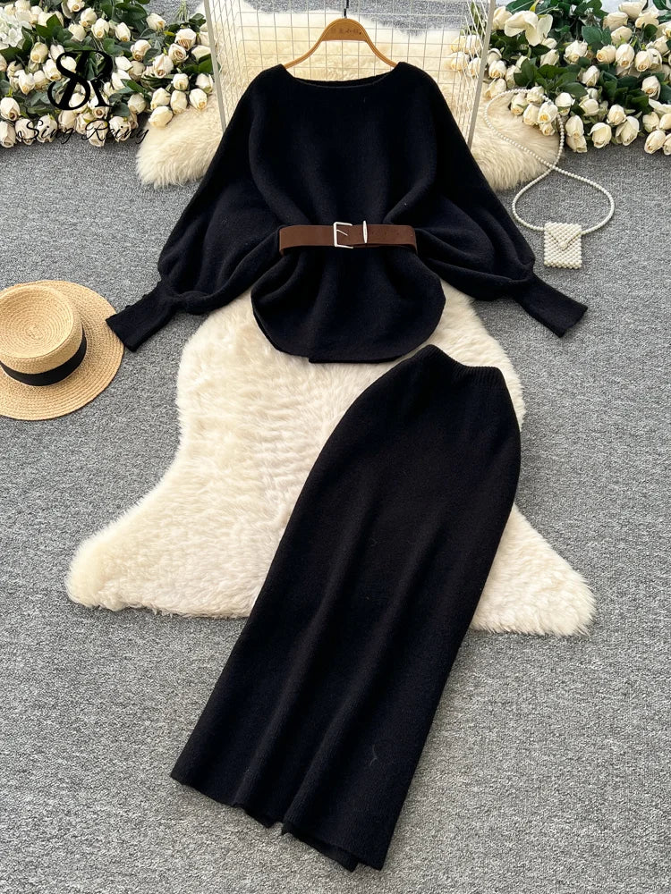 Autumn Batwing Sleeve Tops+High Waist Long Skirt
