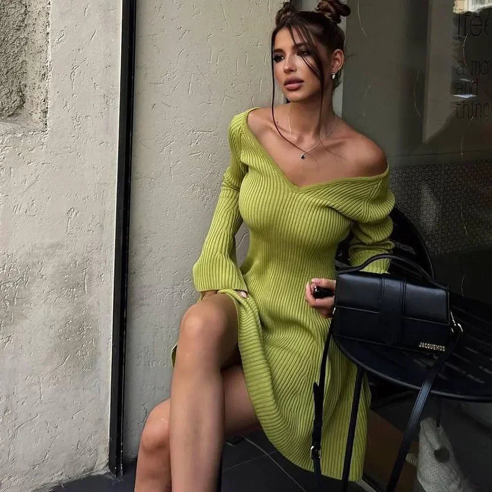 Knitted Off Shoulder V Neck Mini Dress