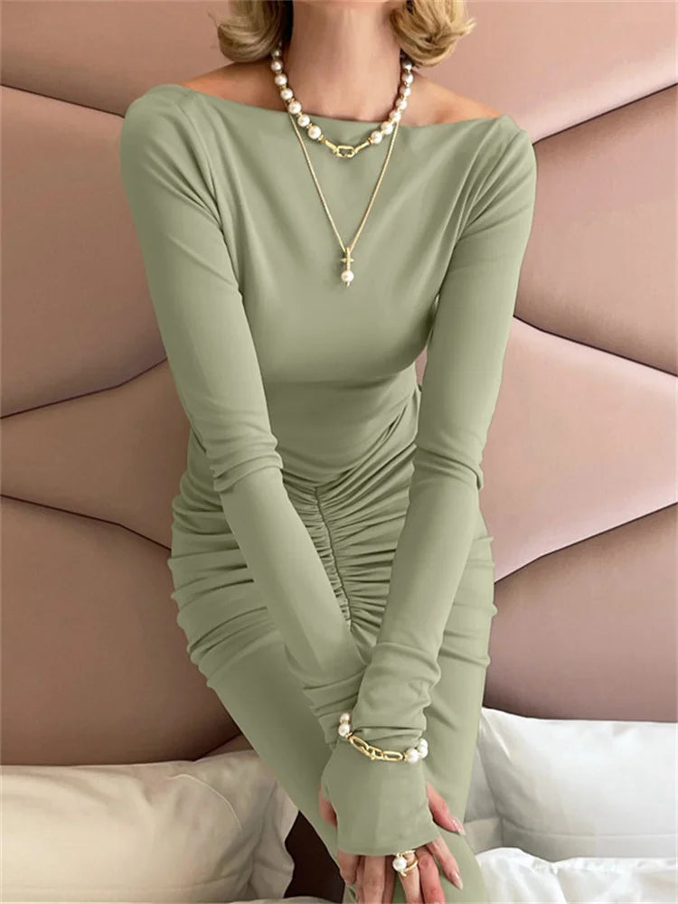 Pleated Slim High Waist Patchwork Long Sleeve Solid Bodycon Dress