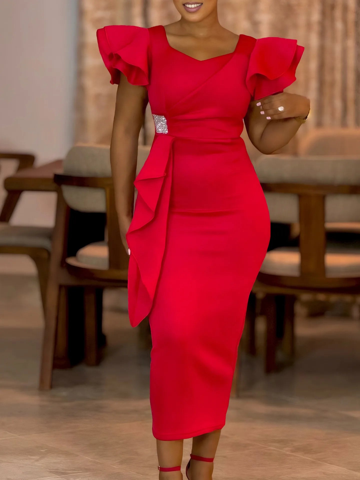 Elegant Ruffled Solid Color  Mid-Length Dress