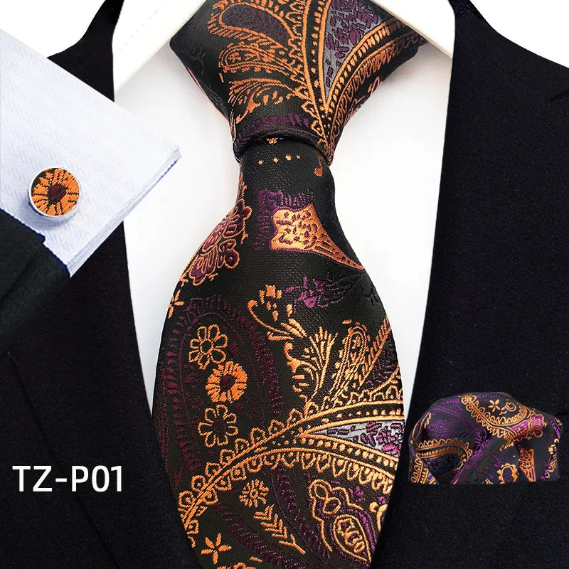 Orange Novelty Ties Plaid Flower Design Wedding Necktie Hanky Cufflinks