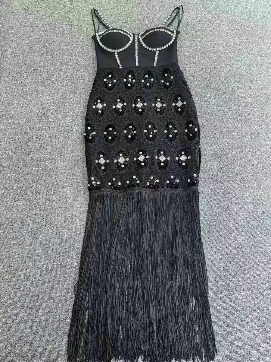 Solid Spliced Diamonds Square Neck Sleeveless High Waist Patchwork Tassel Dress