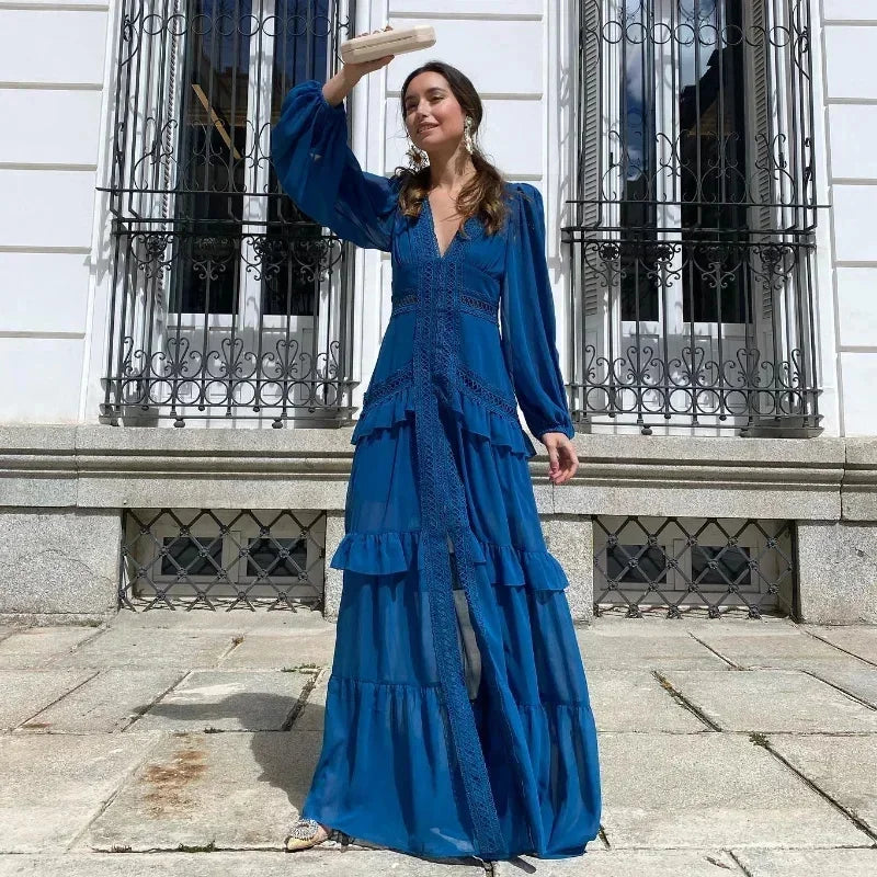 Elegant Hollow Lace  Patchwork Ruffle Deep V Neck Lantern Sleeves Maxi Dresses
