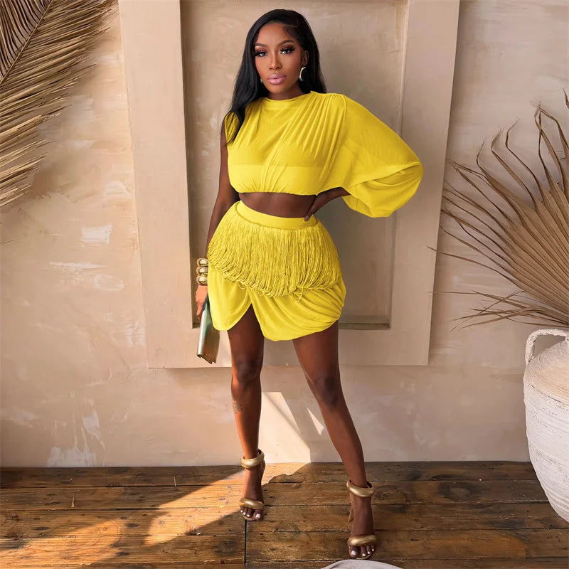 Sheer Mesh Tassel Birthday Outfit Set – Long Sleeve Crop Top &amp; Mini Skirt for Club, Party & Night Out