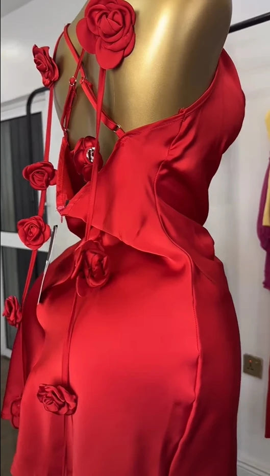 Floral Applique Sleeveless Strap Midi A-line Dress
