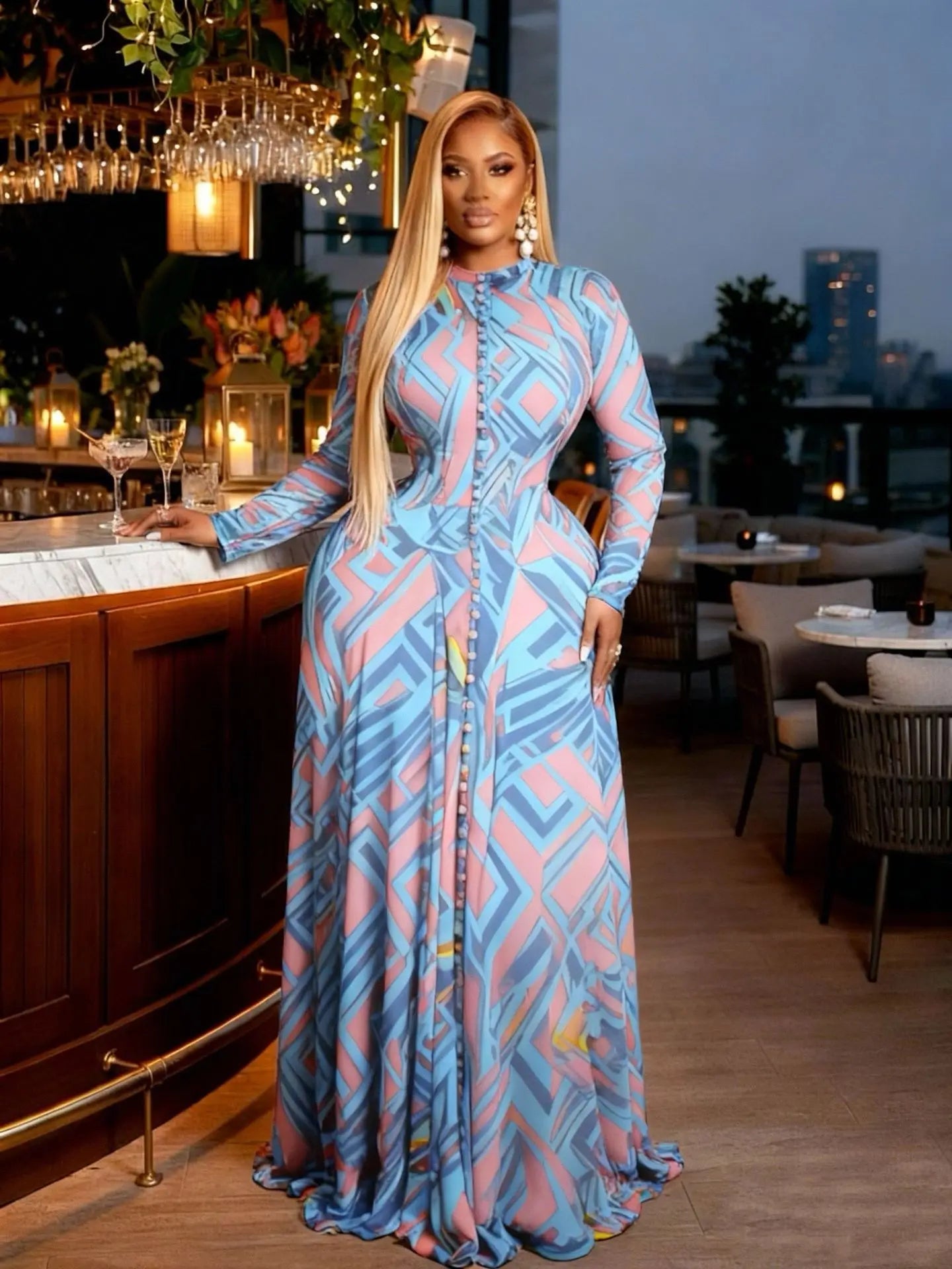 O-neck Long Sleeve Big Swing Tie Dye Print Long Dress