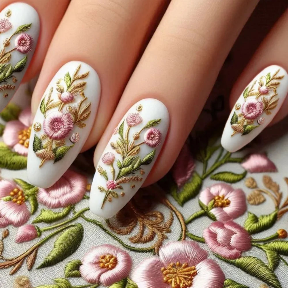 24pcs Mid-length  Flower Design Stick on Fake Nail