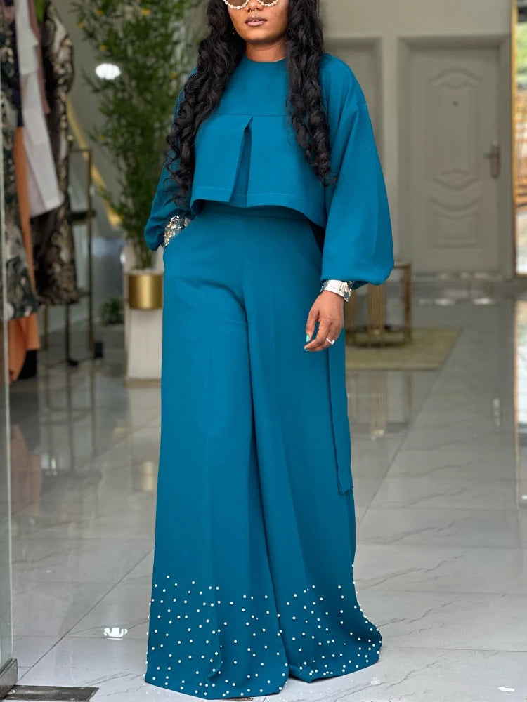 O Neck Long Lantern Sleeve Tops Embroidered Flares Wide Leg Trousers