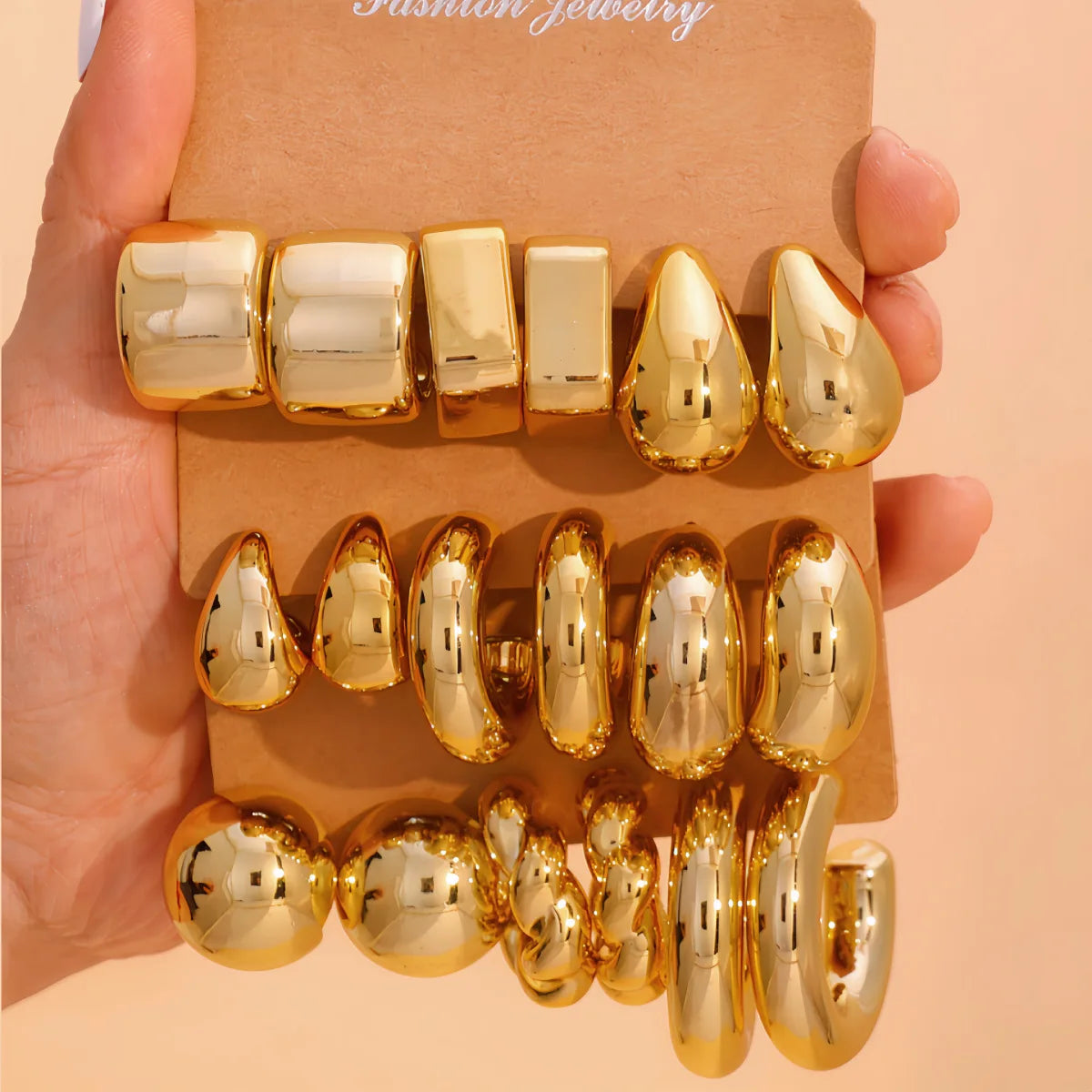9-Pair Golden Resin Earrings Set – Starfish, Seashell &amp; Textured C-Shape Collection