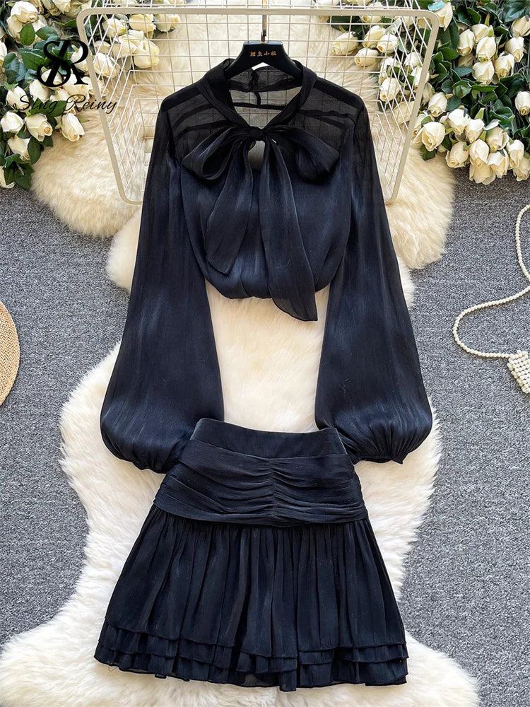 French Style Lace Up Bow Tops+Mini Draped Skirts 2Pcs Sets