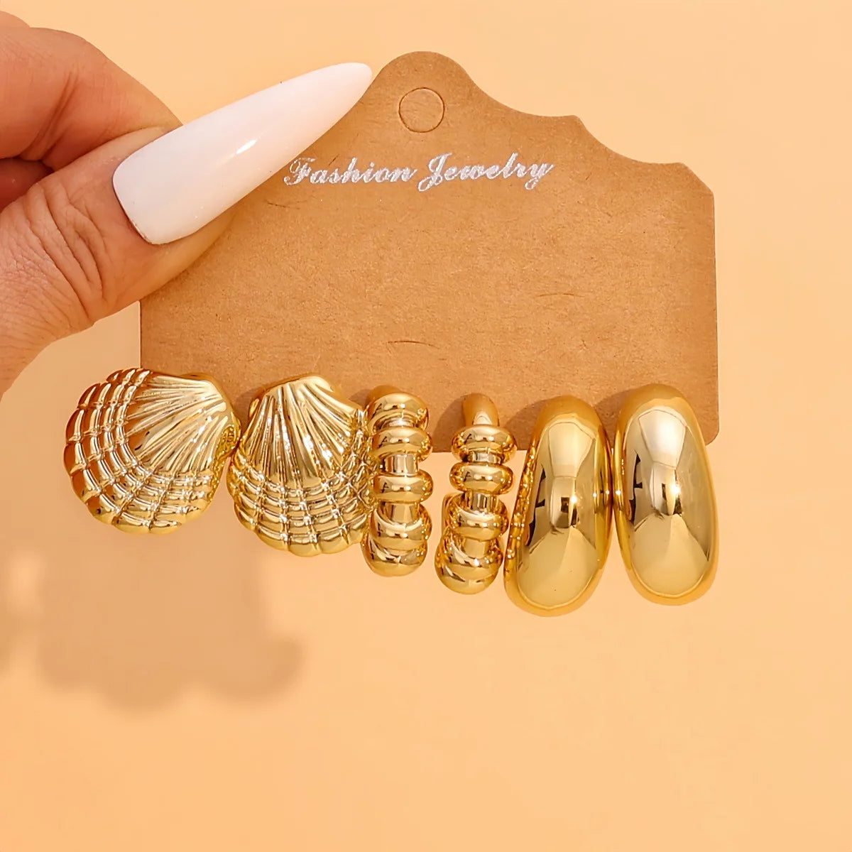 9-Pair Golden Resin Earrings Set – Starfish, Seashell &amp; Textured C-Shape Collection