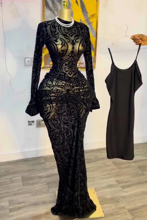 Long Sleeve Stacked Mesh See Though with Lining Bodycon Long Dress