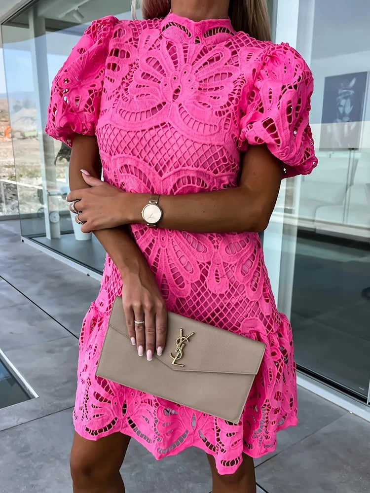 Summer Short Sleeve Hollow Out Short Dress