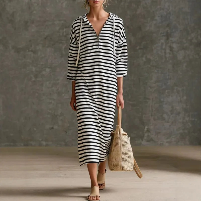 Autumn Striped Hooded Maxi Dress