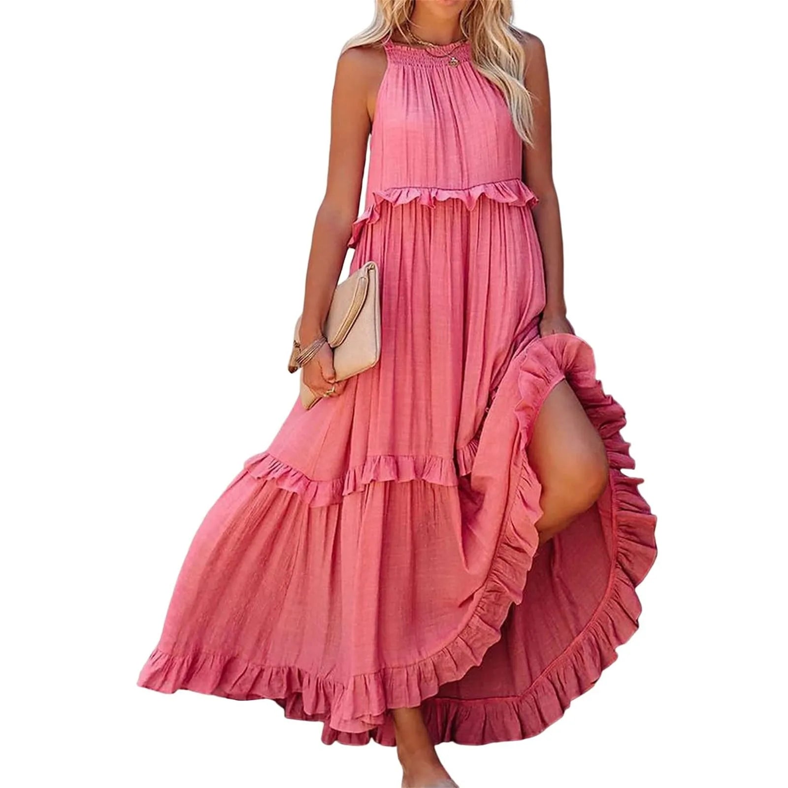 Long Summer Round Neck Flounce Pleated Romantic Big Swing Beach Dresses