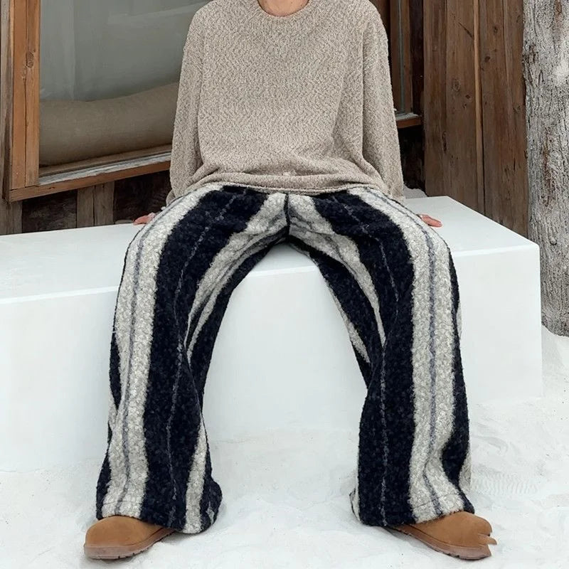 Thickened Winter Retro Lazy Stripe Loose Long Pants