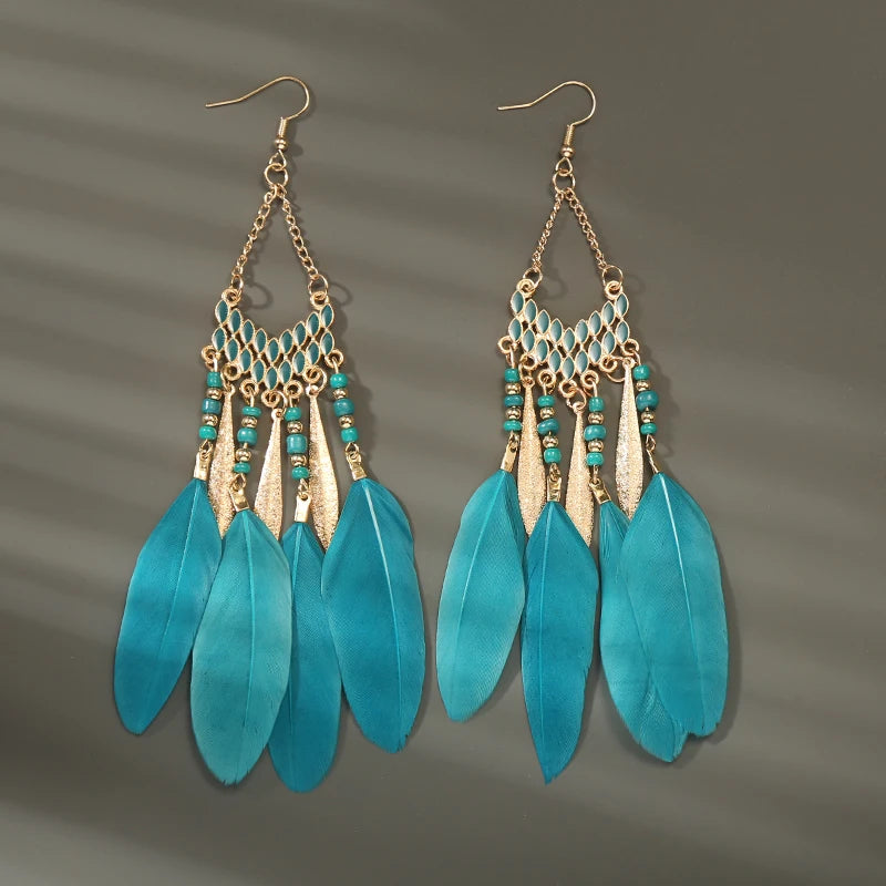 Boho Long Feather Dangle Earrings – Handmade Tassel & Enamel Flower Statement Jewelry for Women