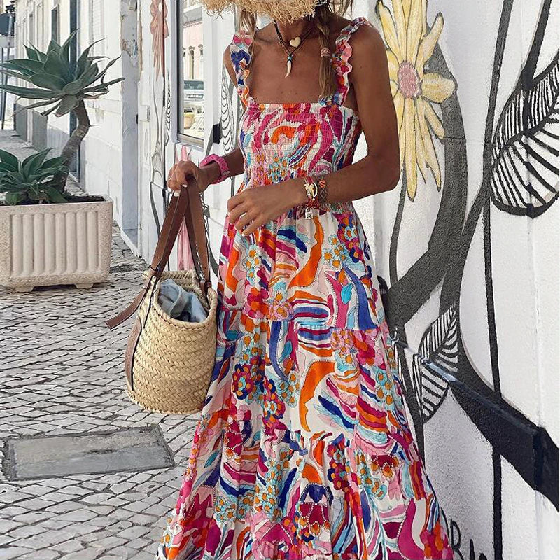 Summer Fashion Boho Print Loose Sleeveless Beach Long Dress