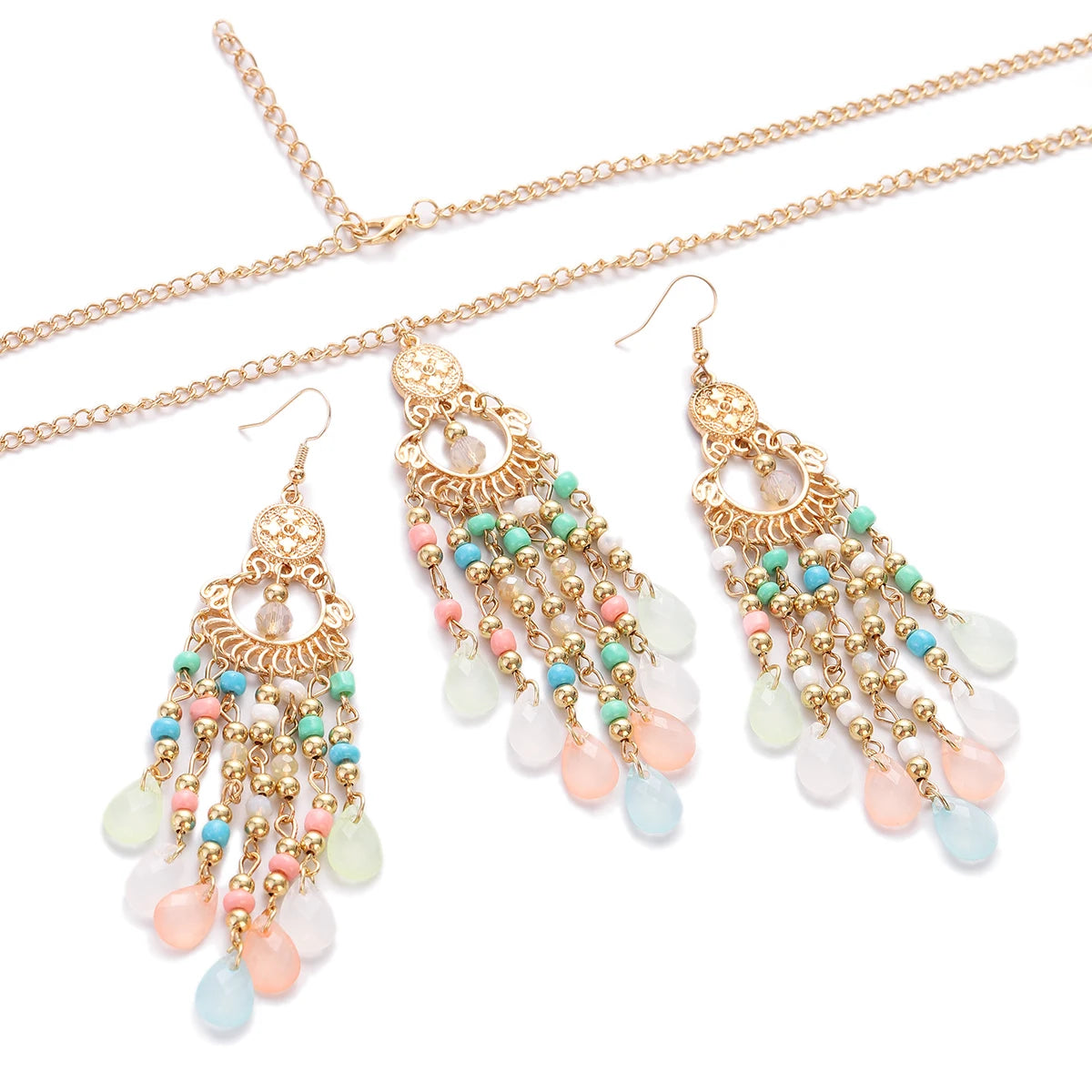 Bohemian Multicolor Crystal Long Tassel Dangle Earrings & Necklace Set – Retro Gold-Plated Geometric Wedding Jewelry