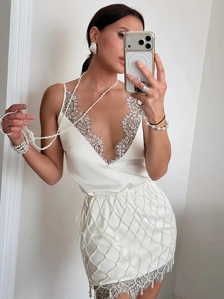 Elegant Sleeveless Spaghetti Strap Satin Lace Patchwork Mini Dress