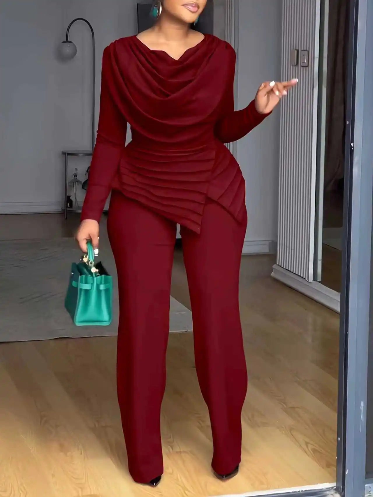 Pleated Round Neck Long Sleeve Top Full Length Waist Slim Casual  Pant Set