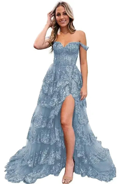 Sexy Lace High Slit Printed Evening Gowns