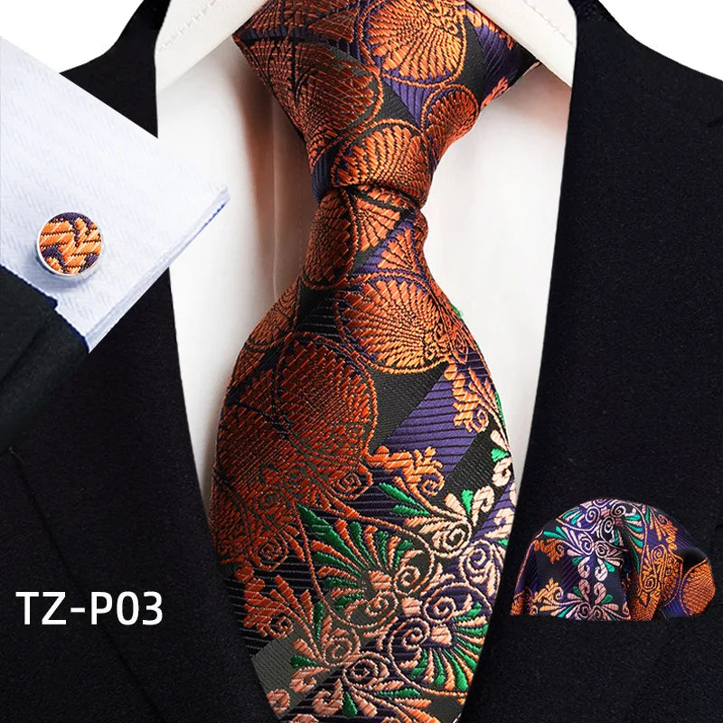 Orange Novelty Ties Plaid Flower Design Wedding Necktie Hanky Cufflinks