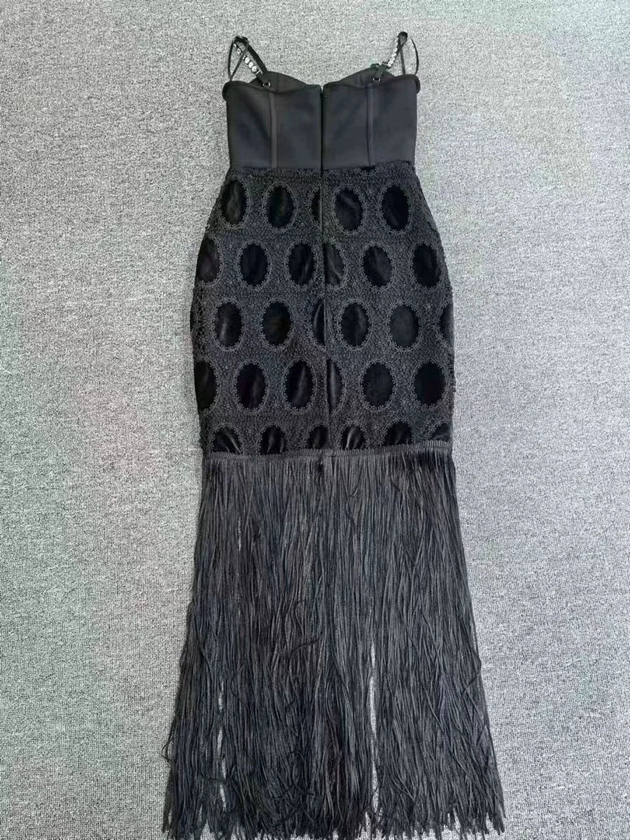 Solid Spliced Diamonds Square Neck Sleeveless High Waist Patchwork Tassel Dress