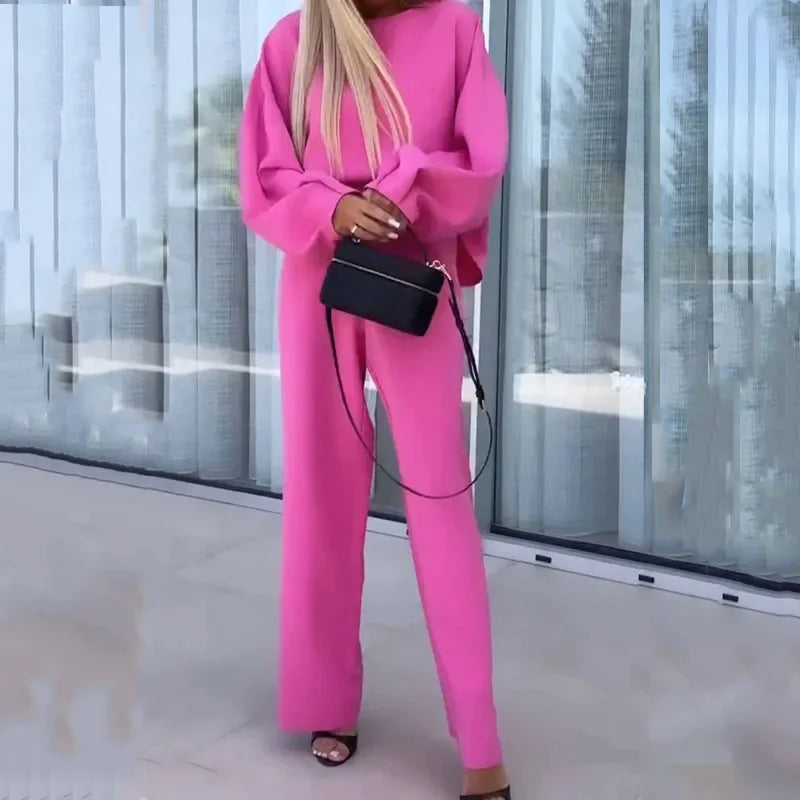 Fashion Round Neck Top & Long Pant Suits