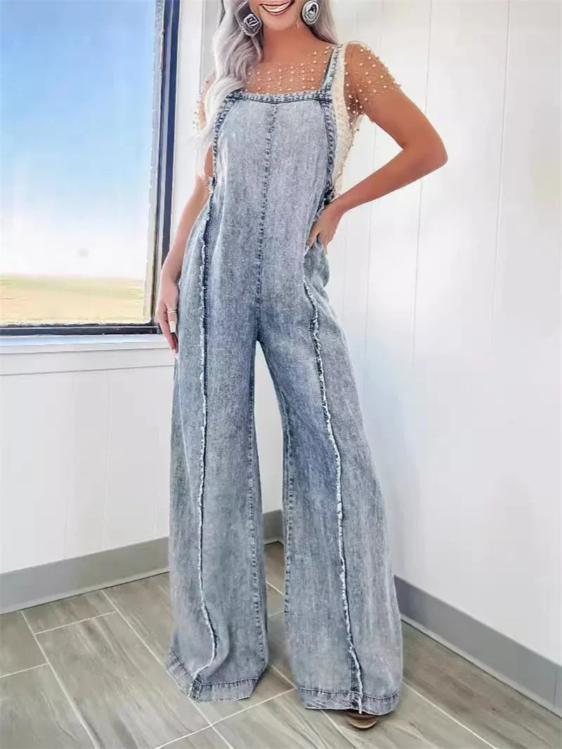 Vintage Washed Raw Edge Denim Jumpsuit