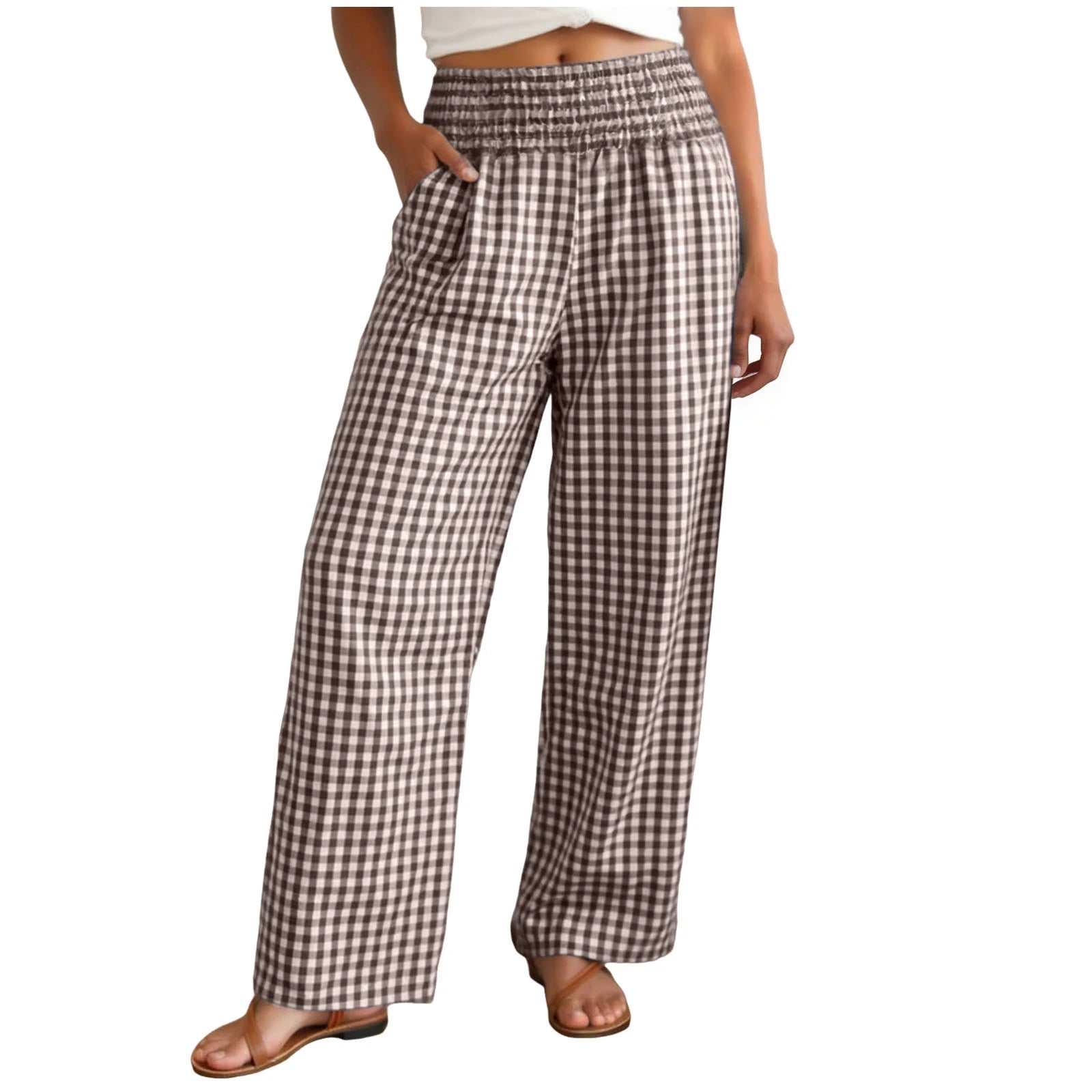 Casual Plaid Comfortable  With Pockets Elastic Waist Wide Leg Casual Pant