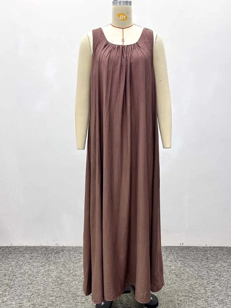 Loose Fit Elegant Brown Square Collar Sleeveless Summer Dress