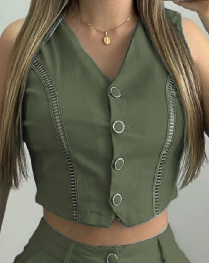 Summer Hollow Out Buttoned V-Neck Sleeveless Crop Vest Top & Casual Pocket Daily Shorts Set