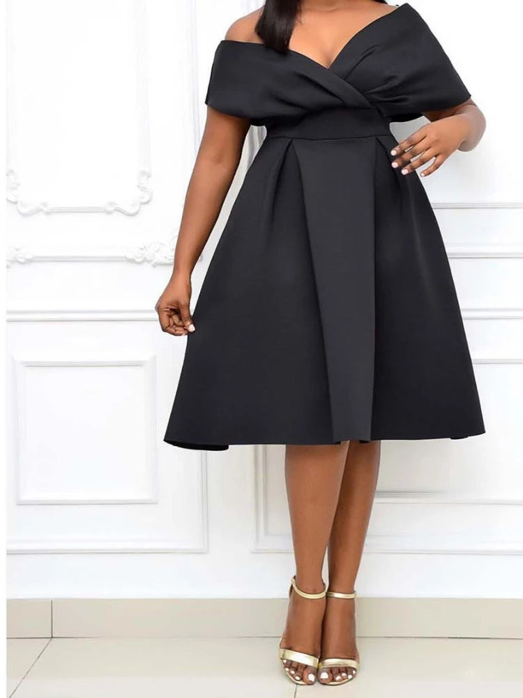 Elegant Mid-Length A-Line Summer Dress – Slim Fit V-Neck with Lace-Up Bow