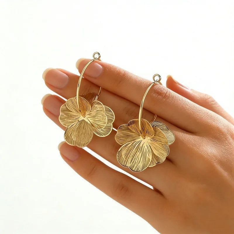 ✨ Trendy Gold Stainless Steel Irregular Flower Drop Earrings
