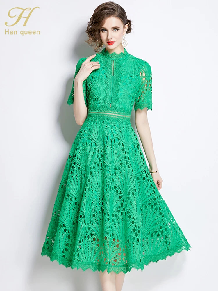 Spring New Elegant Floral Crochet Hollow Out Lace Patchwork Casual Office Midi Dress