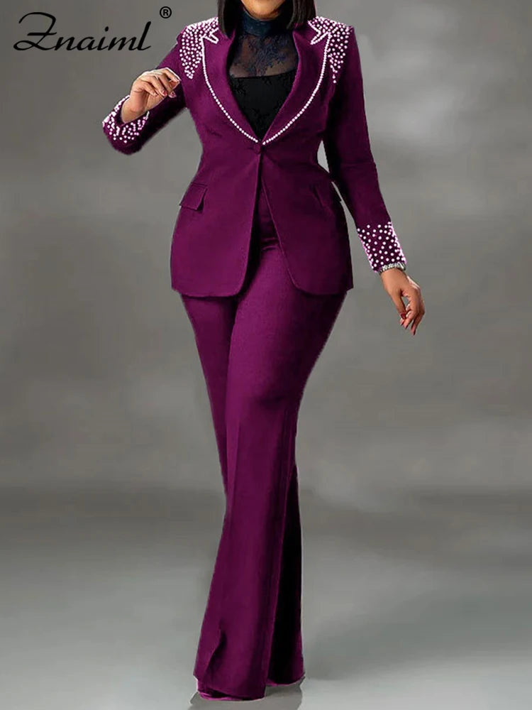 Pearls Blazer Coat and Straight Pants Matching Sets