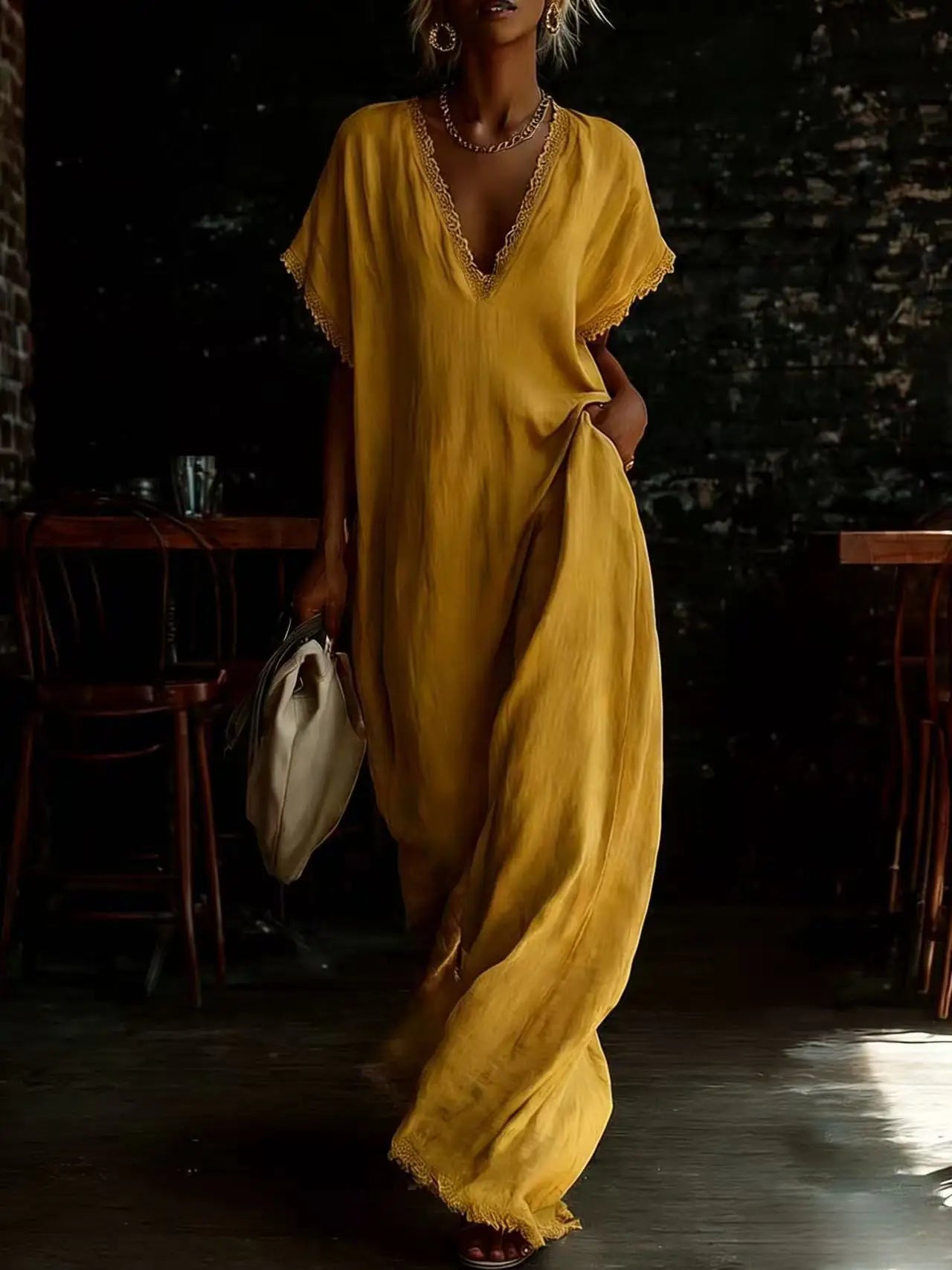 Women's Elegant Lace V‑Neck Maxi Dress