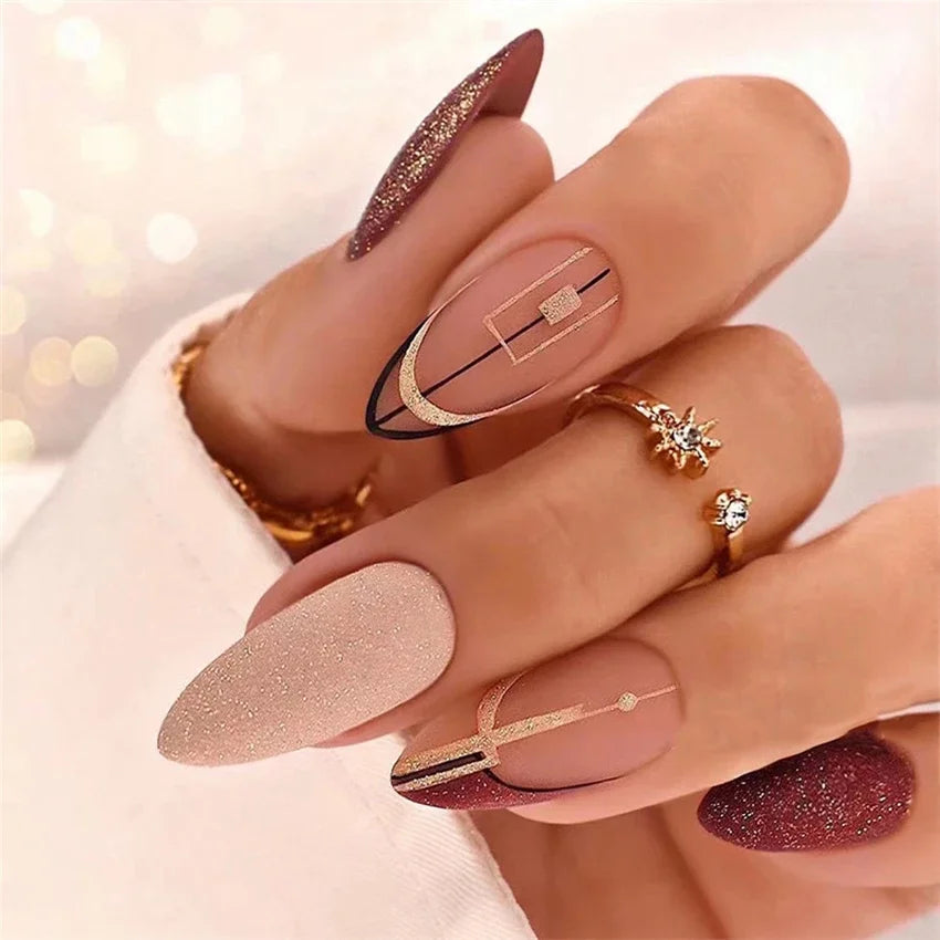 24Pcs/Set Long French Heart Gold Thread Fake Nails