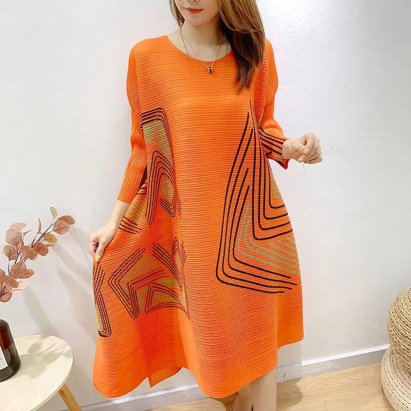 Orange Pleated A-Line Maxi Dress
