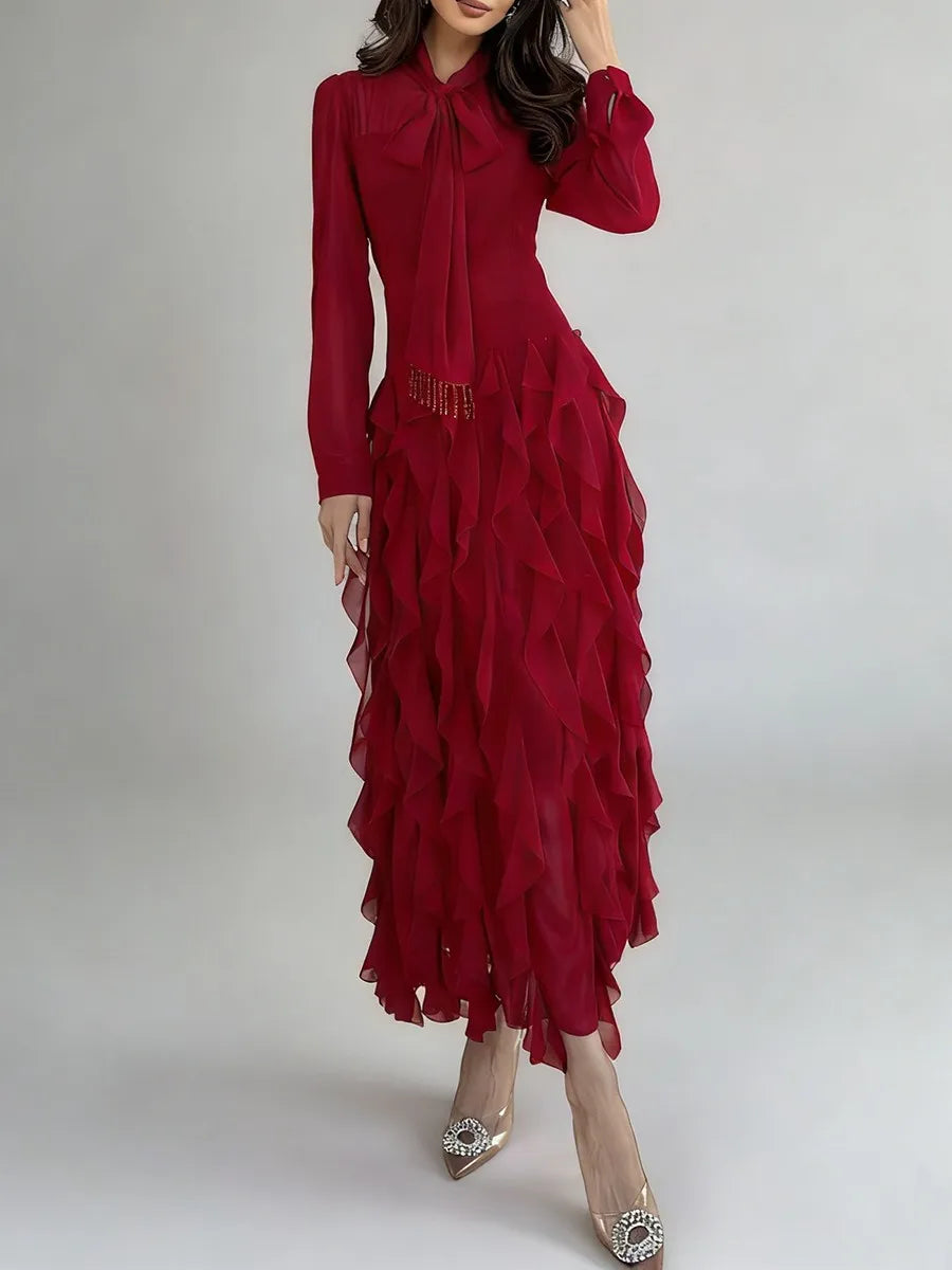 Solid Sheer Spliced Stand Neck Long Sleeves Tunic Patchwork Bow Dress