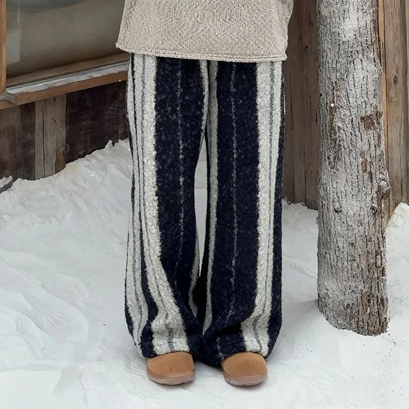 Thickened Winter Retro Lazy Stripe Loose Long Pants
