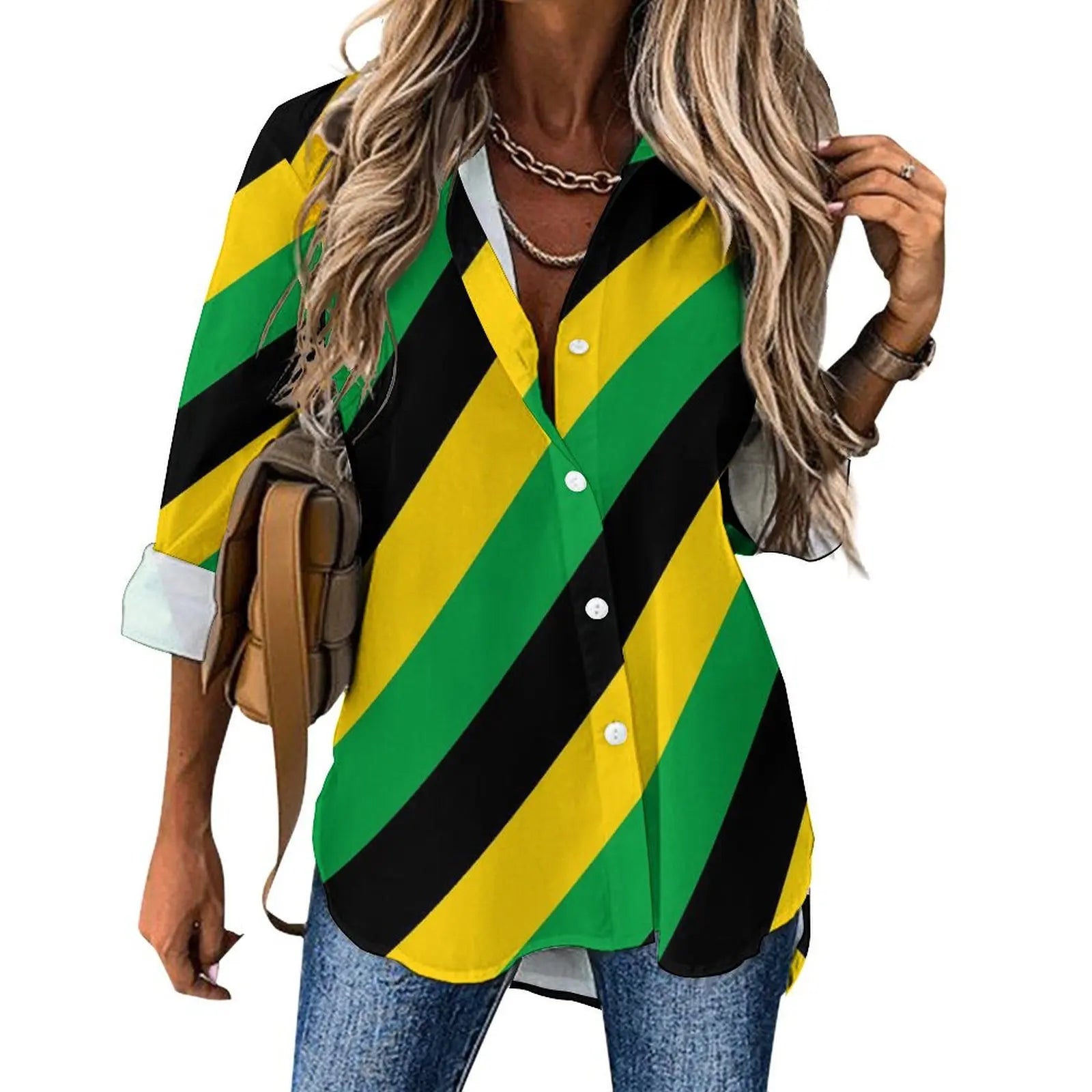 Jamaica Flag Colors Casual Long-Sleeve Blouse